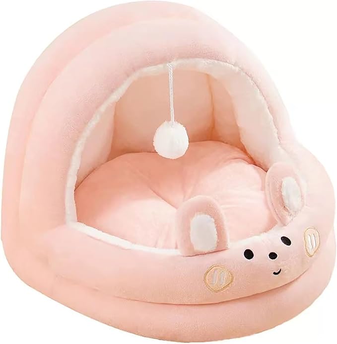 Cat Bed for Indoor Cats, Dog Bed with Anti-Slip Bottom, Rabbit-Shaped Cat/Small Dog Cave with Hanging Toy, Puppy Beds with Removable Cotton Pad, Super Soft Calming Pet Sofa Bed (Pink, Large)
