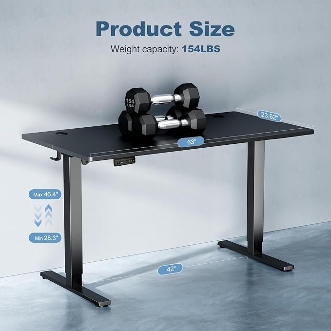 DUMOS 63 Inch Electric Standing Desk, Memory Adjustable Home Office Desk | Sit Stand Up Desk for Work Home Office,Adjustable Desk, Rising Computer Table with Splice Board,Cable Management,Hook,Black