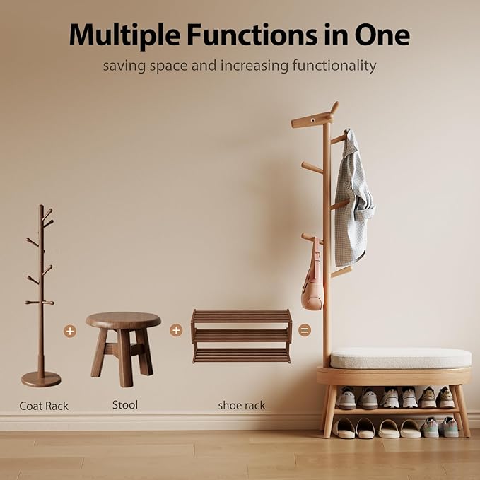 AQIMUELE Shoe Bench Entryway,Coat Rack with Shoe Storage, Coat Rack and Shoe Rack, Wooden Narrow Shoe Bench(Natural)