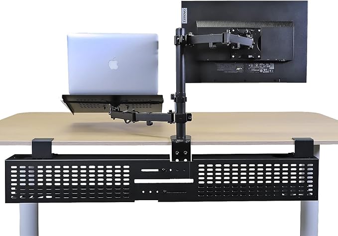 AEONS Monitor and Laptop Desk Mount Combo Stand with Notebook Tray fits 17 inch, 2-in-1 Adjustable Dual Arm Mount fits up to 32 inch LCD Screen with VESA, Clamp and Cable Management, Black