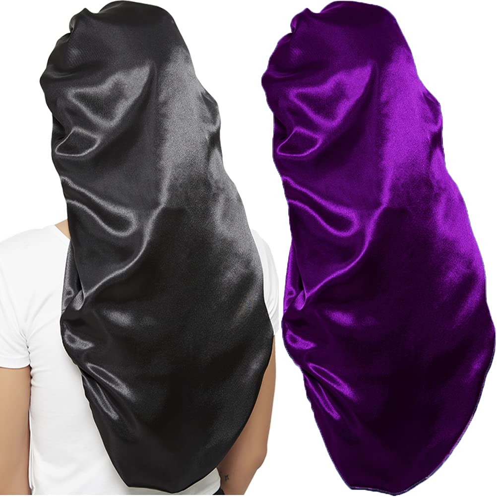 2 Pcs Hair Bonnets For Women Satin, Soft Elastic Band Silky Sleeping Cap Big Bonnets For Women Comfortable Bonnet For Braids(Bla