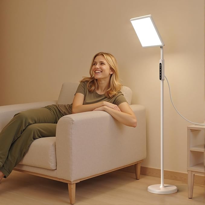 12,000 Lux Light Therapy Lamp, Full Spectrum Sunlight Lamp, UV-Free Sun Lamp with Remote Control/4 Color Temp/5 Brightness/4 Timer, 3 Height Adjustable Floor Lamp for Home Office, Living Room, Bedroom