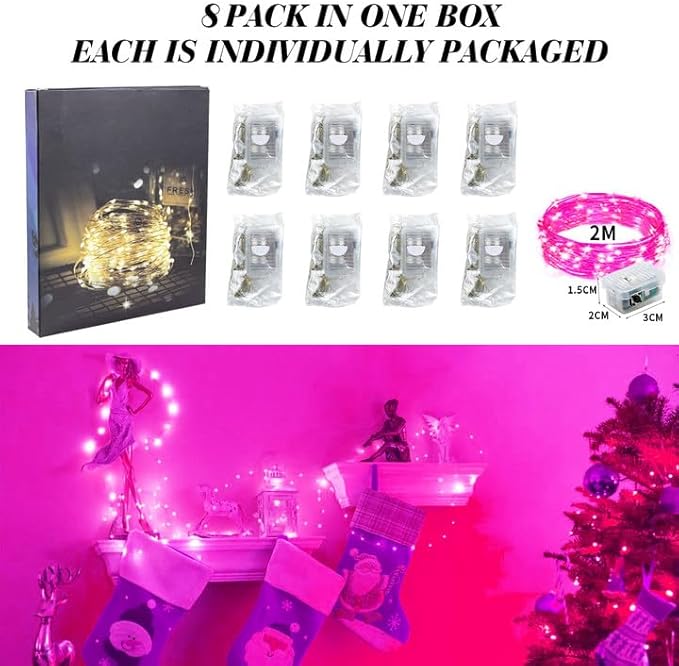 ZGWJ 8 Pack Fairy Lights Battery Operated, 7ft 20 Mini LED Fairy String Lights Silver Wire 3 Modes for DIY, Parties, Wedding, Bedroom, Halloween Christmas Decoration Pink