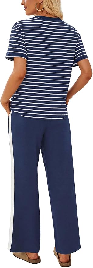 Sampeel 2 Piece Sets for Women Matching Sets Summer Outfits Resort Wear Short Sleeve Lounge Set Wide Leg Pants with Pockets
