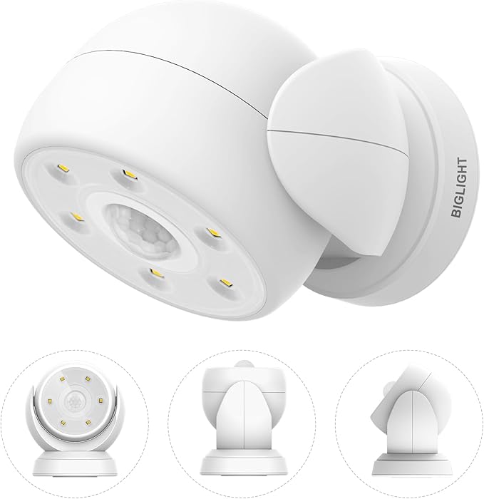 BIGLIGHT Battery Operated Motion Sensor Spotlight, Wireless LED Flood Light Indoor Outdoor, Super Bright Waterproof Security Lighting, Motion Uplight for Wall Front Door Shed Hallway, 200 Lumens
