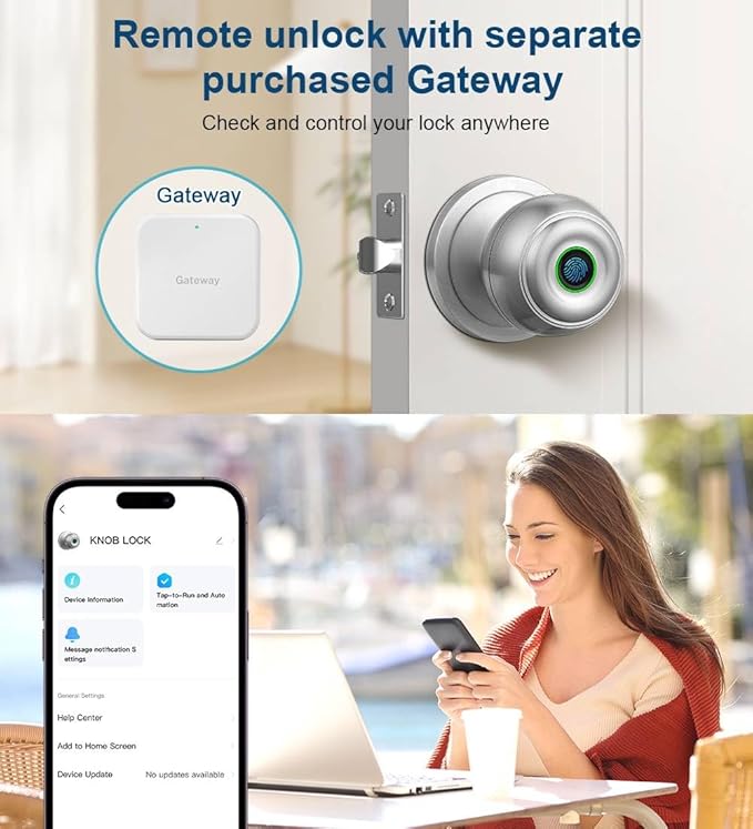 Fingerprint Door Lock, Smart Fingerprint Door Knob with Lock, Biometric Door knob with App Control & Key, Keyless Thumbprint Entry Door Lock for Bedroom, Front Door, Home, Apartment -Satin Nickel