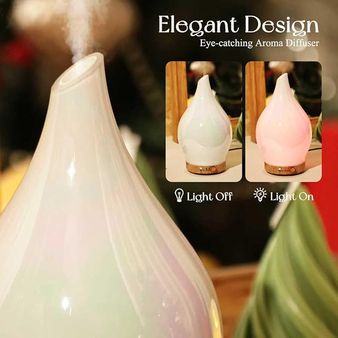 Porseme 150ml Essential Oil Diffuser Glass Color Changing Aroma Air Diffusers Aromatherapy Ultrasonic Cool Mist Humidifier 6 Running Hours Waterless Auto-Off for Sleeping Yoga Office Spa (White Jade)