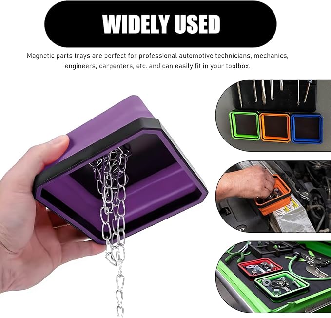 Collapsible Magnetic Parts Tray, 4.5" Square Silicone Tool Tray with Double-Sided Magnetic Base, Foldable Bowls Small Metal Parts Holder for Screws Bolts Nuts Washers (Purple)