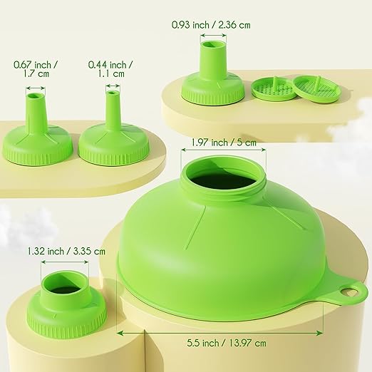Pisol Wide Mouth Versatile Funnel, Canning Funnels for Kitchen Use, Plastic Cooking Funnel Set with 4 Size Spouts and 2 Strainers for Filling Different Bottles, Green