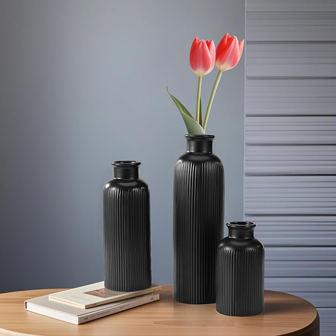 Small Black Ceramic Vase Set of 3, Boho Modern Black Flower Vase Room Decor, Farmhouse Decor, Vases for Your Kitchen, Bathroom, Bedroom, Living Room, Office&Shelf Centerpiece Table Decorations