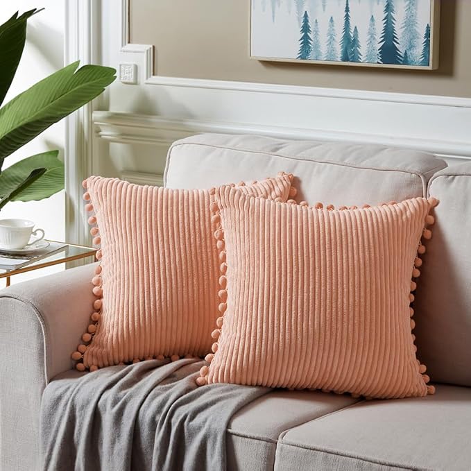 Fancy Homi Pack of 2 Peach Decorative Throw Pillow Covers 18x18 Inch with Pom-poms for Couch Bed Living Room Bedroom, Farmhouse Boho Home Decor, Soft Coral Corduroy Solid Square Cushion Case 45x45 cm
