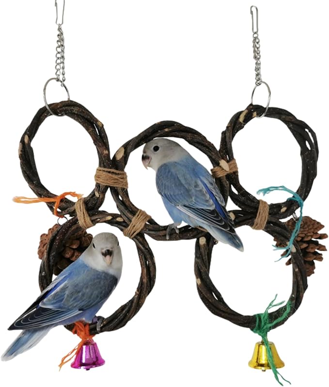 Circle Straw Bird Swing Stand Bird Perches Stand Hanging Chewing Toy for Parrots Bird Playground Cage Accessories Climbing Rope Net Ladders for Foraging Toys(Random Color) (5 Ring Double Row)