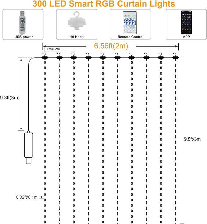 echosari Smart Curtain Lights 6.6 x 9.8Ft 16 Million Colors Changing 300 LED Fairy Curtain Lights DIY Functions with Remote APP Hanging Light for Patio Bedroom Decor