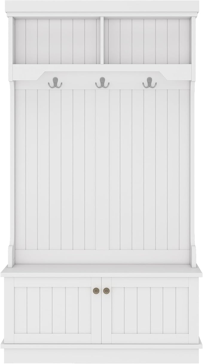4-in-1 Hall Tree with Storage Bench & Coat Rack - Entryway Organizer with Hooks, Shoe Storage, and Display Shelves for Modern Homes (White)