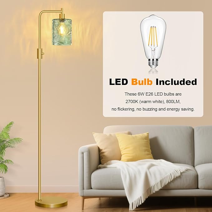 【Upgraded】 Dimmable Glass Floor Lamp for Living Room, Modern Gold Standing Lamp with Green Feather Glass Lampshade & Knob Dimmer, Arc Tall Lamp for Bedroom Office Reading Room, 2700K Led Bulb Included