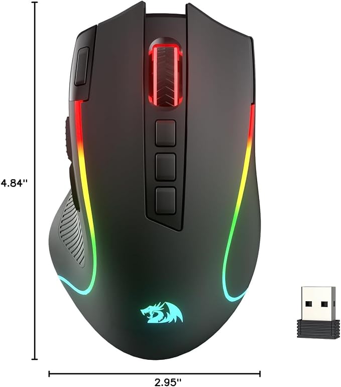 Redragon M612 Wireless RGB Optical Gaming Mouse 8000 DPI Remapping Keys | Cable-Free 0 Delay, Redefine Keybinding Macro, Vibing Backlight, Ergonomic Grip Body Comfort