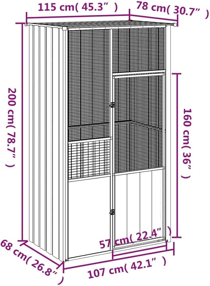 Galvanized Steel Bird Aviary, Mesh Fence Outdoor Aviary Flight Cage, Anthracite 45.3"x30.7"x78.7"