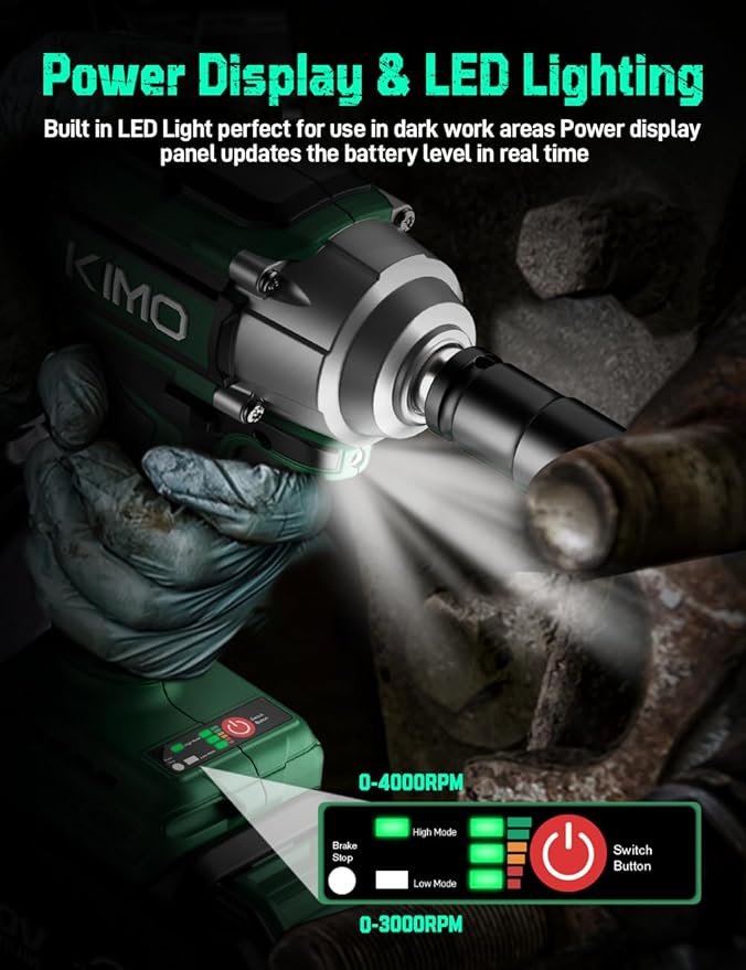 KIMO Impact Wrench 1/2 Cordless, 1200N.m (406ft-lbs), 4000RPM, 9-Piece Drill & Driver Set, 4Sockets Impact Drill for Car Tires, Safety Lock, 2x4000mAh Battery, Variable Modes Power Smart Impact Wrench