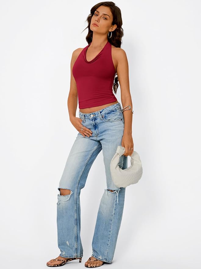 Trendy Queen Halter Tops for Women Going Out Summer Top | Cowl Neck Shirts, Sexy Backless, Fashion Y2K Clothes, Perfect for Party, Club, Vacation, Pair with High-waisted Bottoms