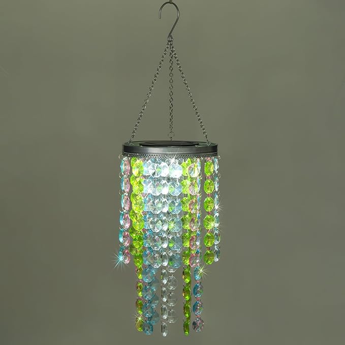 Hanging Solar Crystal Chandelier Outdoor, 21” Modern Solar Multicolor Acrylic Beaded Lantern with Cool White LED S Hooks for Garden Yard Patio Gazebo Outside Decor