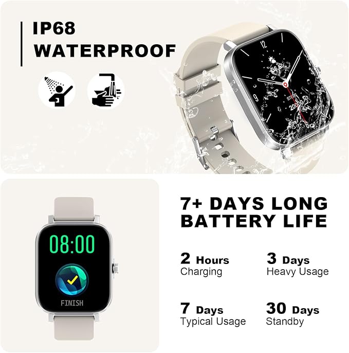 Smart Watch for Men Women Compatible with iPhone Samsung Android Phone 1.69 inch Full Touch Screen IP68 Waterproof Bluetooh Fitness Tracker Heart Rate/Sleep Monitor (Starlight)