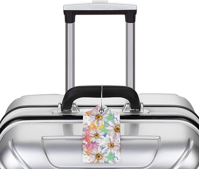 Colorful Daisy Flower Luggage Tags Suitcase Tag Privacy Name ID Card Spring Floral Travel Bag Labels with Stainless Steel Loop for Women Men Girls Set of 2