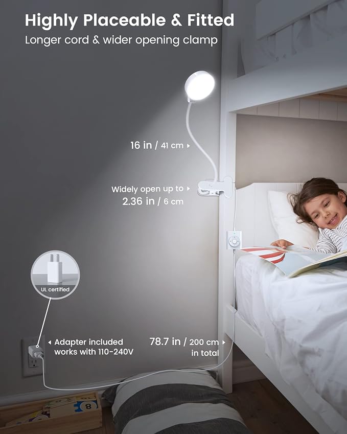 Glocusent 5W Clip on Light, 3 Colors & 5 Brightness Reading Light for Bed | Flexible Gooseneck Clip on Lamp, 30-Min Timer, Reading Lamp, Perfect Desk Lamp for Dorm,Bunk,Bed,Headboard,Table,Work,Craft