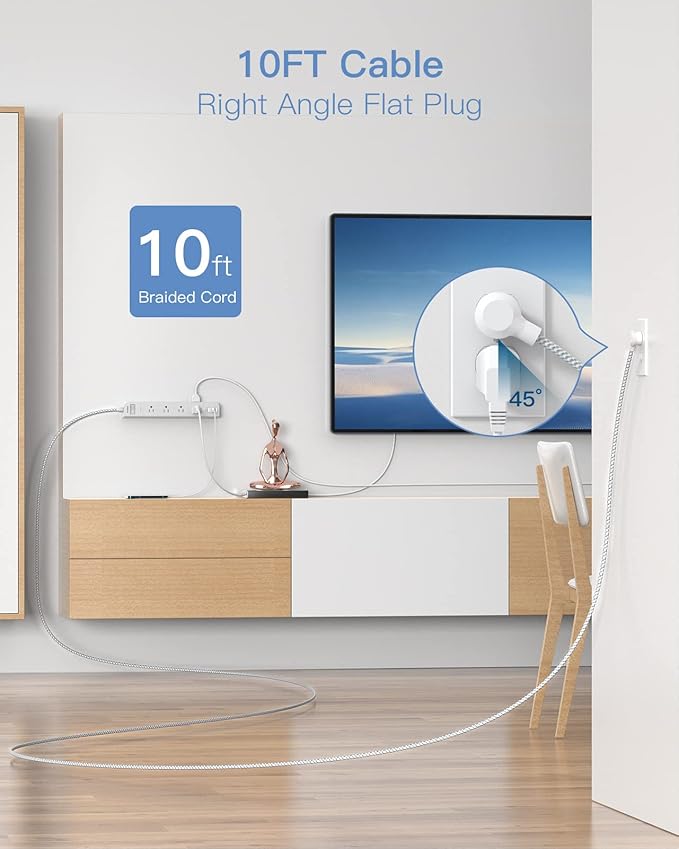 One Beat 10 ft Extension Cord,Power Strip Surge Protector 8 Widely AC Outlets 3 USB,Flat Plug,Desktop Charging Station with Overload Protection,Wall Mount for Home,Office,Travel,Computer ETL Listed