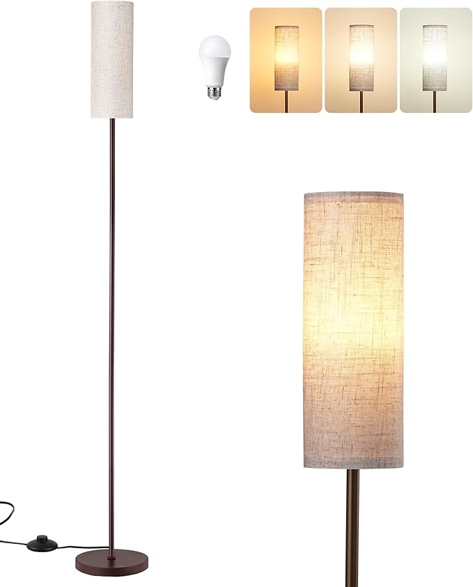 EDISHINE LED Floor Lamp for Living Room, 63.7in Modern Standing Lamp with 9W LED Bulb, 3 Color Temperature, Minimalist Floor Lamp for Bedroom, Office, Nursery, Foot Pedal Switch, Brown