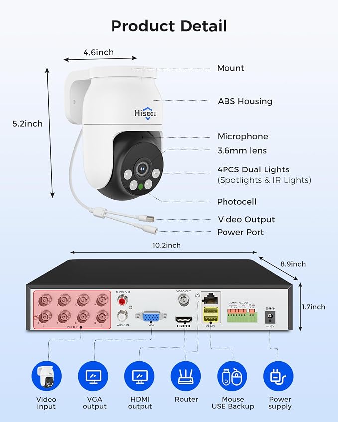 Hiseeu 4K PTZ Wired Security Camera System with 8 x 8MP CCTV Cameras | 360�� Coverage,Smart Color Night Vision,Audio,Person/Vehicle Detection,8MP DVR,2TB HDD for 24/7 Recording,Surveillance DVR Kit