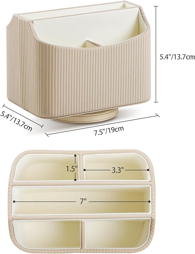 PU Leather Remote Control Holder, 360 Degree Rotating Desk Organizer Storage Table Remote Caddy, Spinning Bedside Organizer Nightstand Organizer for Desktop Office Home (Beige)