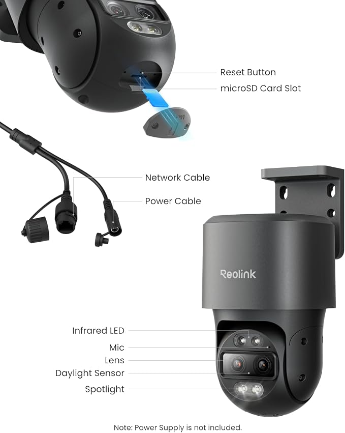 REOLINK TrackMix PoE Grey Dual-Lens PTZ Security Camera 6X Hybrid Zoom | 4K 355�� Pan & 90�� Tilt Auto Tracking, Smart Detection, 24/7 Recording, Color & IR Night Vision, Up to 512GB microSD Card