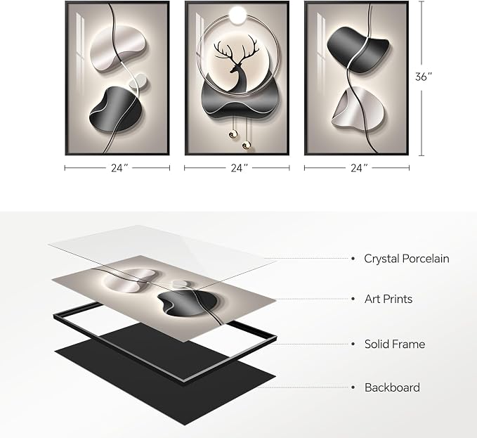 3 Piece Large Framed Modern Abstract Wall Art, Black and Gray Silver Bright Artworks Decor, Minimalist Geometric Line Deer Picture Prints for Living Room Entryway and Hallway 24x36 Inch