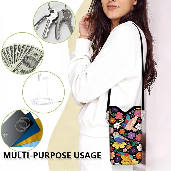 Floral Phone Pouch Phone Crossbody Sleeve Birds Colorful Nylon Neoprene Waterproof Cellphone Bag Case with Strap Neck Lanyard Protective Carrying Cover Fits Most Smartphones 7.1 x 3.9 Inch