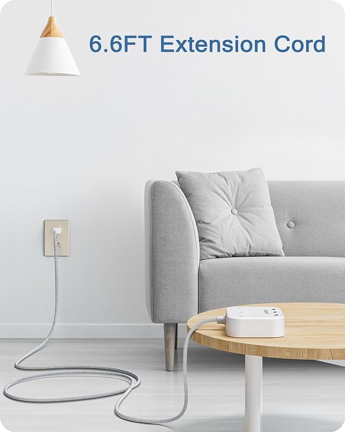 LENCENT 2 Prong Power Strip, 2 Prong to 3 Prong Outlet Adapter, 6.6 ft Braided Extension Cord with Polarized Plug, 3 AC Outlets and 3 USB, Wall Mountable, Ideal for Non Grounded Outlets