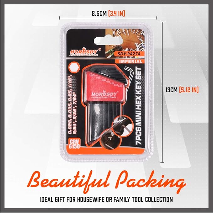 SEDY 7-Piece Mini Hex Key SAE Set, Imperial L Shape Allen Wrench, 0.028, 0.035, 0.05, 1/16", 5/64", 3/32", 7/64", Cr-V