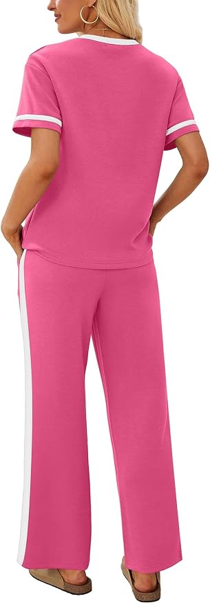 Sampeel 2 Piece Sets for Women Matching Sets Summer Outfits Resort Wear Short Sleeve Lounge Set Wide Leg Pants with Pockets
