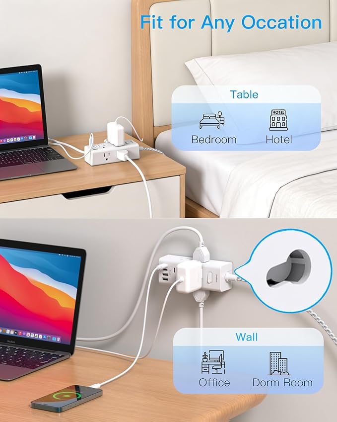 Flat Plug Extension Cord 25Ft, One Beat 900J Surge Protector Power Strip 25 Ft Long Cord with 6 Widely Outlets 4 USB Ports (2 USB C), Wall Outlet Extender Charging Station for College Dorm Room Office