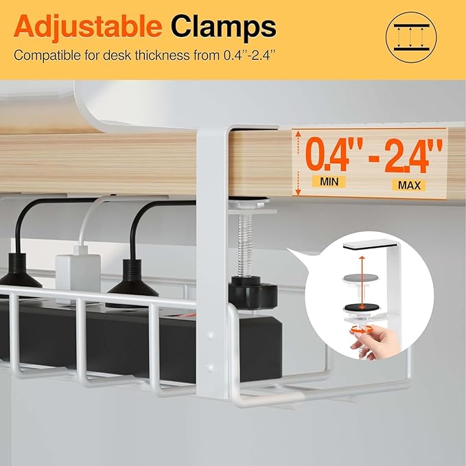 3 Pack Cable Management Under Desk Tray, 47.1" No Drill Under Desk Wire Management with Upgraded Clamp, Metal Cord Organizers with Cable Organizers, PC Cord Organization Rack, White
