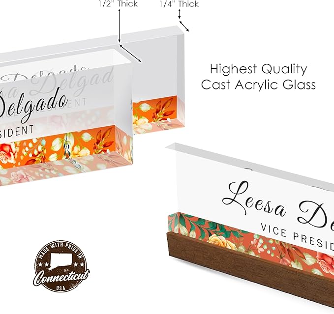 Artblox Personalized Office Desk Name Plate and Business Card Holder | Clear Acrylic Glass with Teak Wood Stand | Flower Stripe Design Customized with Your Name and Credentials Office Desk Décor