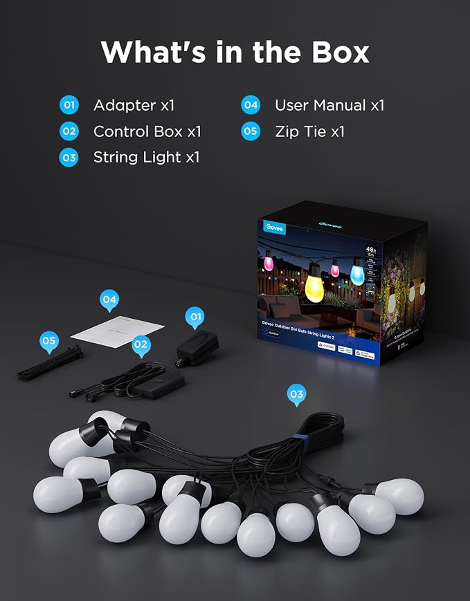 Govee S14 Bulb Outdoor String Lights 2, 48ft RGBICWW, 15 LED Bulbs, IP66 | Patio Lights with 111 Scene Modes for Patio, Backyard, Garden, Compatible with Alexa, Google, Matter, APP Control