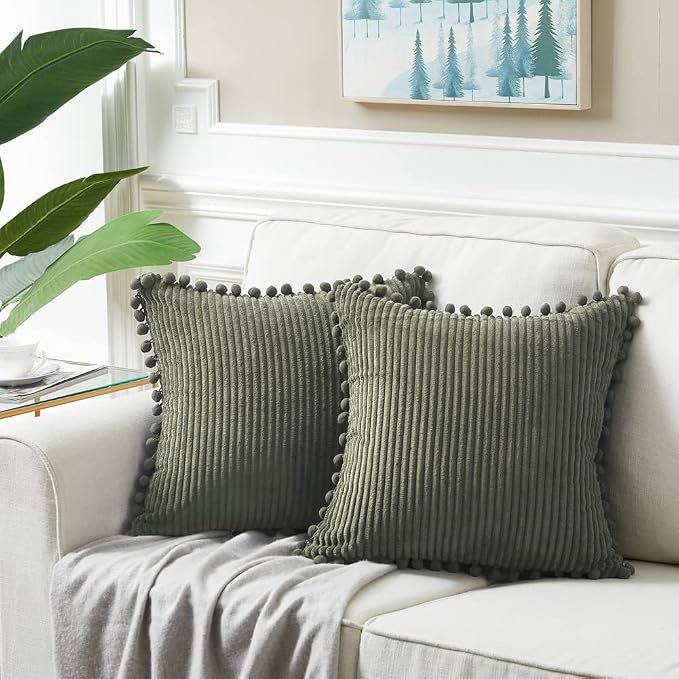 Fancy Homi Pack of 2 Olive Green Decorative Throw Pillow Covers 24x24 Inch with Pom-poms for Couch Bed Living Room, Soft Corduroy Solid Square Cushion Case 60x60 cm, Farmhouse Boho Home Decor