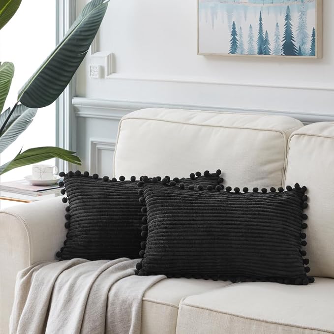 Fancy Homi 2 Pack Black Lumbar Decorative Throw Pillow Covers 12x24 Inch with Pom-poms for Couch Bedroom Sofa, Farmhouse Boho Home Decor, Soft Corduroy Solid Rectangle Cushion Case 30x60 cm