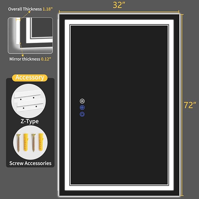 32"x72" LED Bathroom Mirror with Lights, Anti-Fog, Backlit + Front Lit, Dimmable, Led Vanity Mirror for Wall, Lighted Bathroom Mirror, 3 Colors, Shatter-Proof Tempered Glass