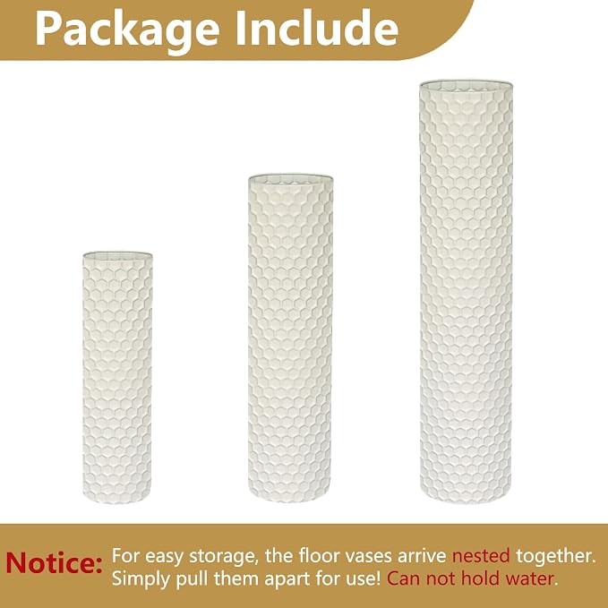 White Tall Floor Vase - Set of 3 Large Metal Decorative Vases for Living Room, 27.6in Long Modern Minimalist Big Cylinder Standing Rustic Boho Corner Decor for Farmhouse Entryway Pampas Grass