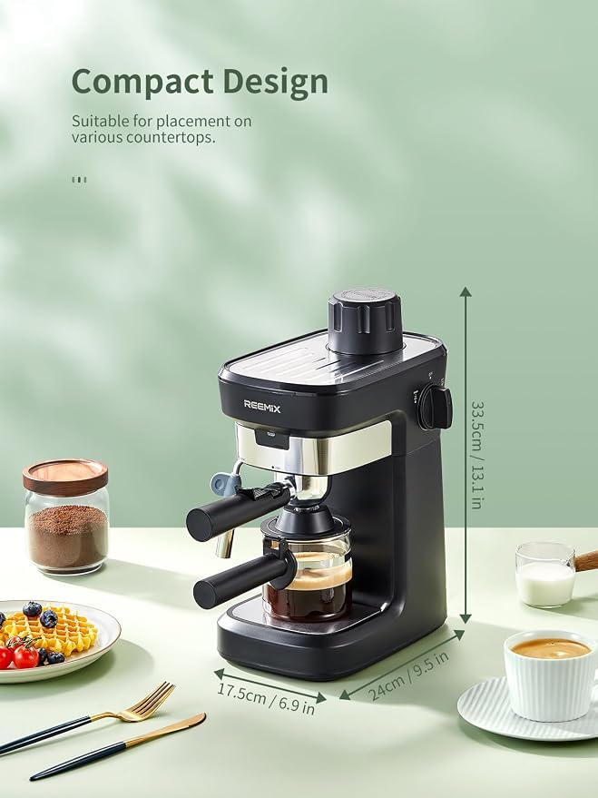 Reemix Espresso Machine 6 Bar, Rich Crema Coffee Maker | Auto Pressure Relief, Compact Home Coffee Brewer Machine, Black