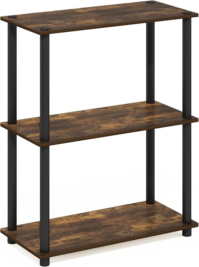 Furinno Turn-N-Tube Storage Shelves, 3-Tier Book Shelf, Corner Shelf, Toolless Open Shelves, for Organization and Storage, Living Room, Garage, Home Office, Amber Pine