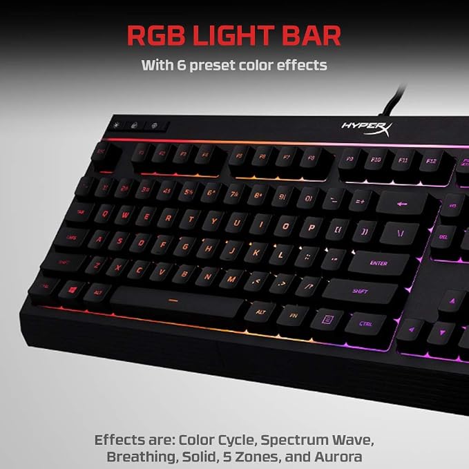 HyperX Alloy Core RGB – Membrane Gaming Keyboard, Comfortable Quiet Silent Keys with RGB LED Lighting Effects, Spill Resistant, Dedicated Media Keys, Compatible with Windows 10/8.1/8/7 – Black