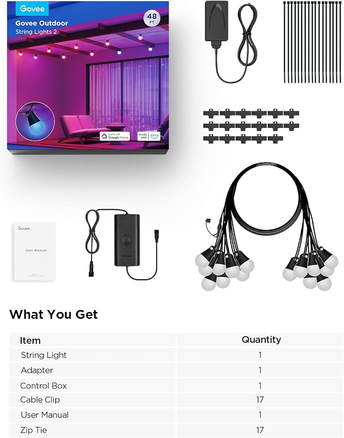 Govee Smart Outdoor String Lights 2, 48ft RGBIC Patio Lights with 15 Bulbs | Dimmable Warm White LED Bulbs, IP65 Waterproof, 47 Scene Modes for Backyard, Balcony, Work with Alexa, App Control