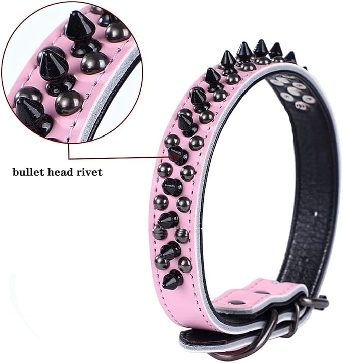 Spiked Studded Dog Collar, Genuine Leather Dog Collar, Adjustable Pet Collars for Medium Large Bulldog Pitbull Mastiff Poodle Boxer (M:29-38cm, Red)